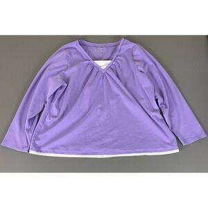 Essentials Top 3X Women's Purple White Layered V Neck Ruched Long Sleeve‎ Cotton